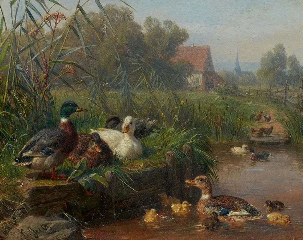 Enten Und Geflugel An Einem Wasserteich Mit Einem Gehoft Im Hintergrund Wall Art by Carl Jutz The Elder - High-Resolution Digital Print
