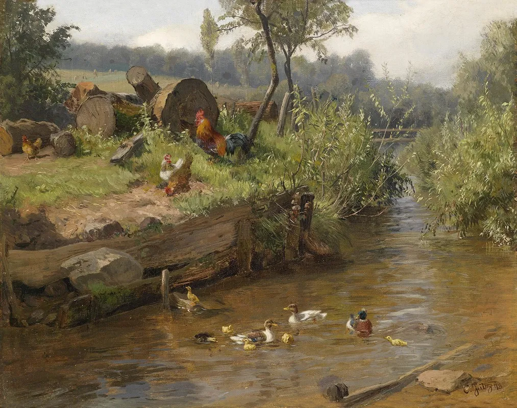 Entenfamilie An Der Wehr Wall Art by Carl Jutz - High-Resolution Digital Print