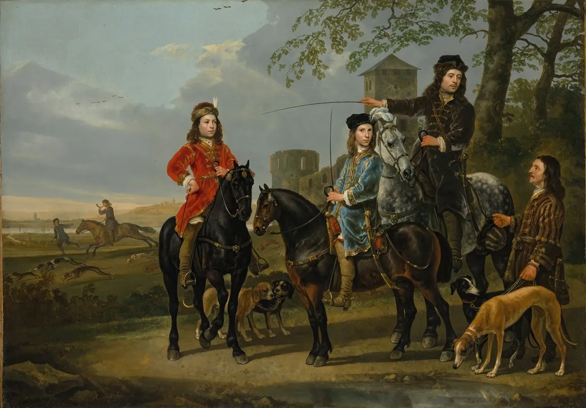 Equestrian Portrait Of Cornelis 1639 1680 And Michiel Pompe Van Meerdervoort 1638 1653 With Their Tutor And Coachman Wall Art by Aelbert Cuyp - High-Resolution Digital Print
