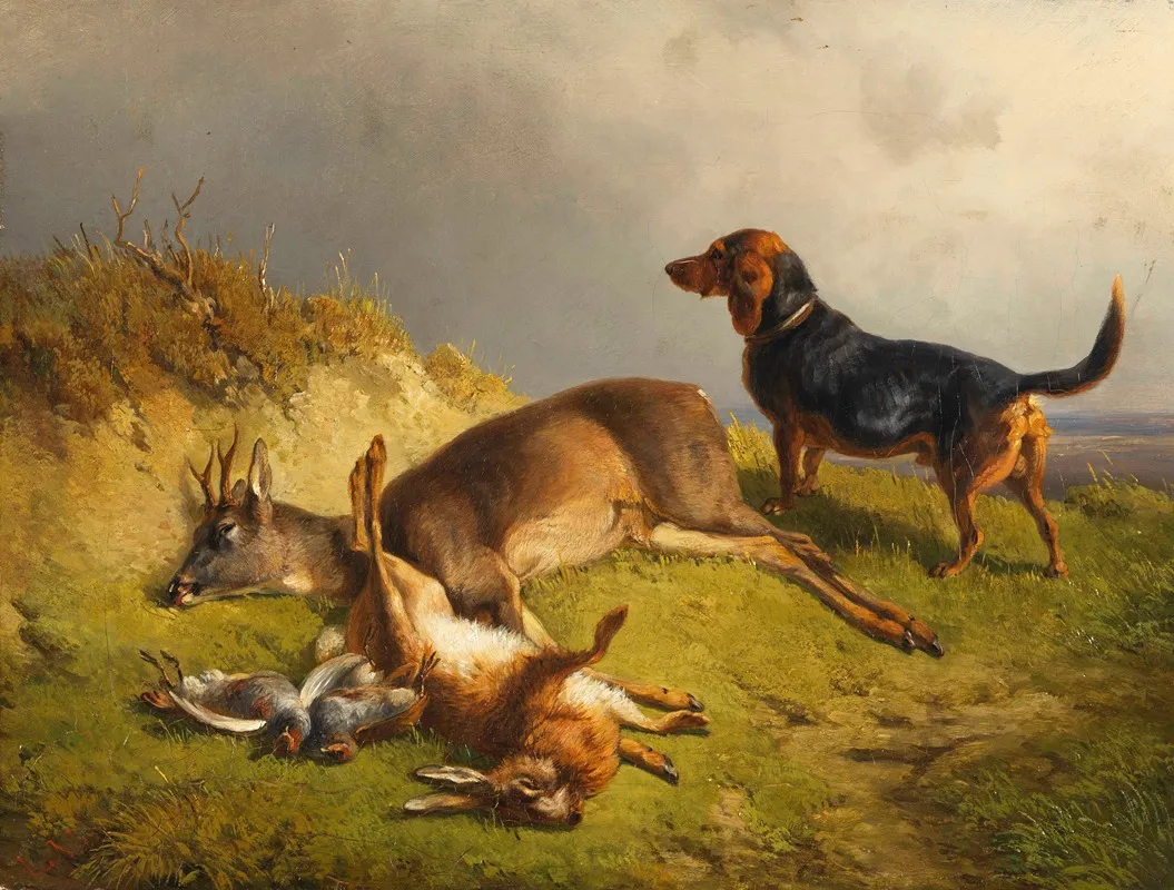 Erlegtes Wild Und Jagdhund Wall Art by Ludwig Gustav Voltz - High-Resolution Digital Print