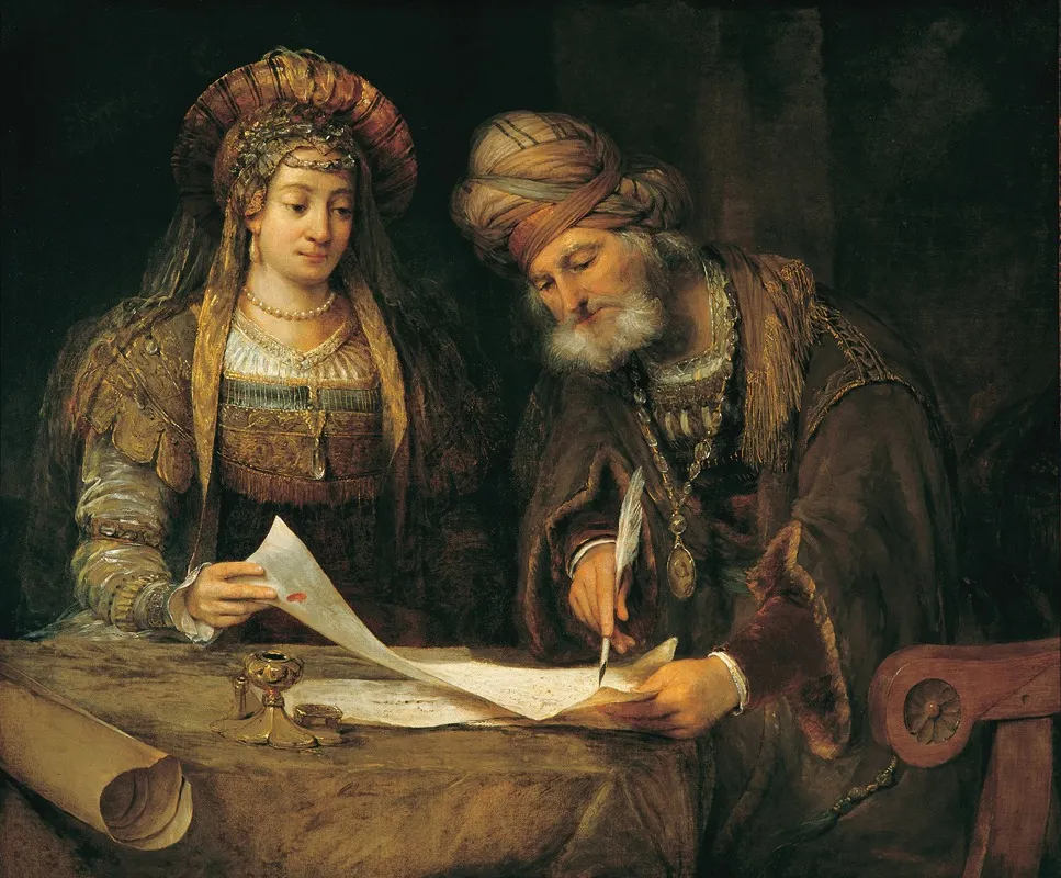 Ester Y Mardoqueo Escribiendo La Primera Carta Del Purim Ester 920 21 Wall Art by Aert de Gelder - High-Resolution Digital Print