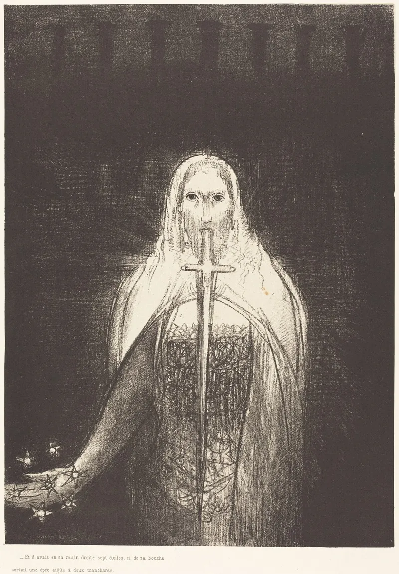 Et Il Avait Dans Sa Main Droit Sept Etoiles Et De Sa Bouch Sortait Une Epee Aigue A Deux Tranchants 2 Wall Art by Odilon Redon - High-Resolution Digital Print