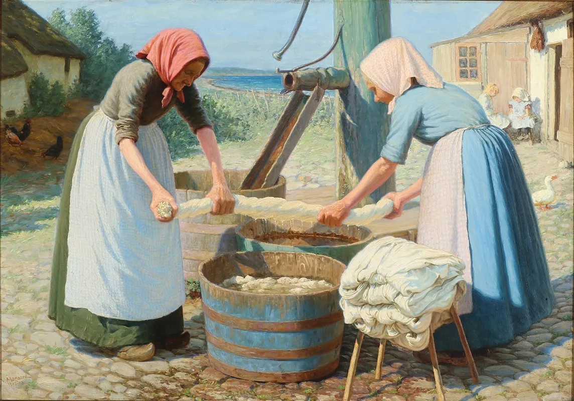 Et Par Bondekoner Vasker Toj Pa Gardspladsen Wall Art by Valdemar Magaard - High-Resolution Digital Print