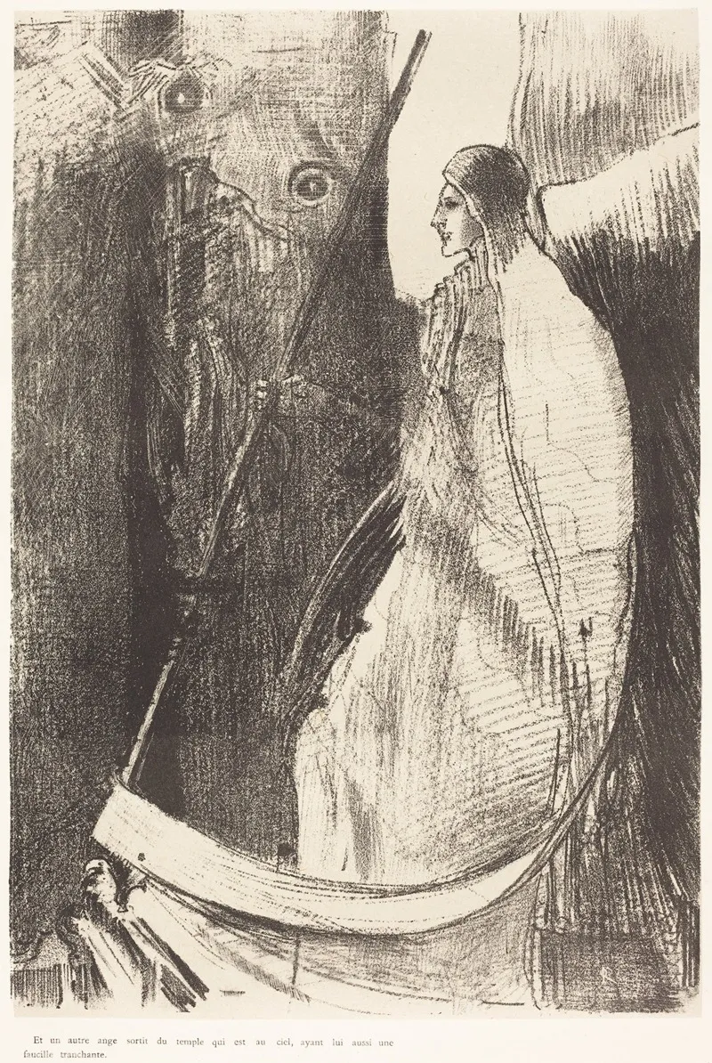Et Un Autre Ange Sortit Du Temple Qui Est Au Ciel Ayant Lui Aussi Une Faucille Tranchante Wall Art by Odilon Redon - Canvas Print
