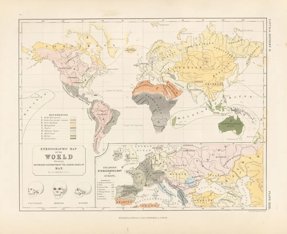 Ethnographic Map Of The World Showing The Present Distribution Of The Leading Races Of Man Wall Art by Alexander Keith Johnston - High-Resolution Digital Print