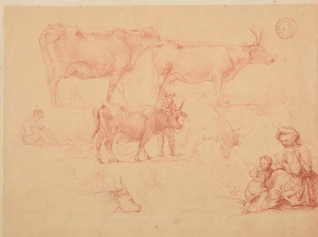 Etudes De Jeune Garcon Appuye Sur Un Boeuf De Boeufs Et De Femme Avec Enfant