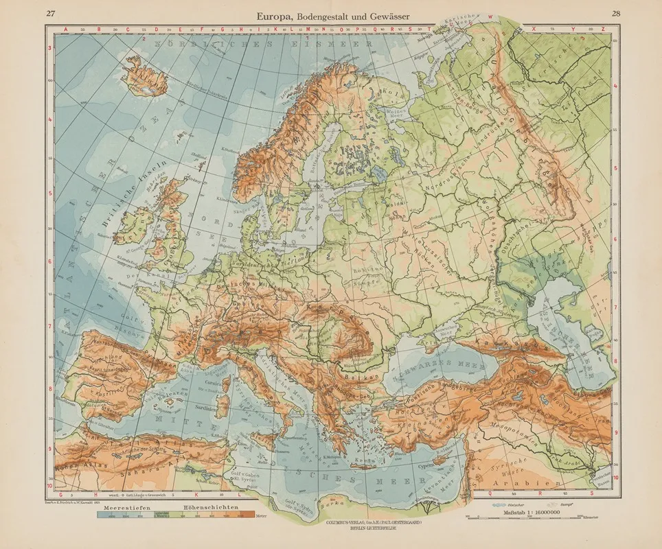 Europa Bodengestalt Und Gewasser Wall Art by Ernst Friedrich - High-Resolution Digital Print
