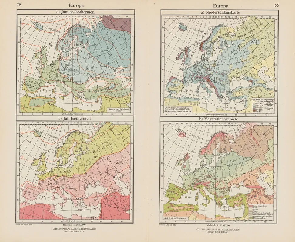 Europa Januar Isothermen Niederschlagskarte Wall Art by Ernst Friedrich - High-Resolution Digital Print