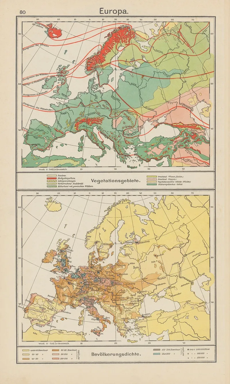 Europa Vegetationsgebiete bevolkerungsdichte Wall Art by Carl Diercke - High-Resolution Digital Print