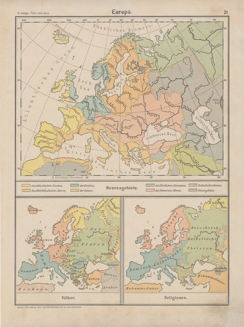 Europa Zur Ubersicht Der Meeresgebiete Der Verteilung Der Volker Und Religionen Wall Art by Henry Lange - High-Resolution Digital Print
