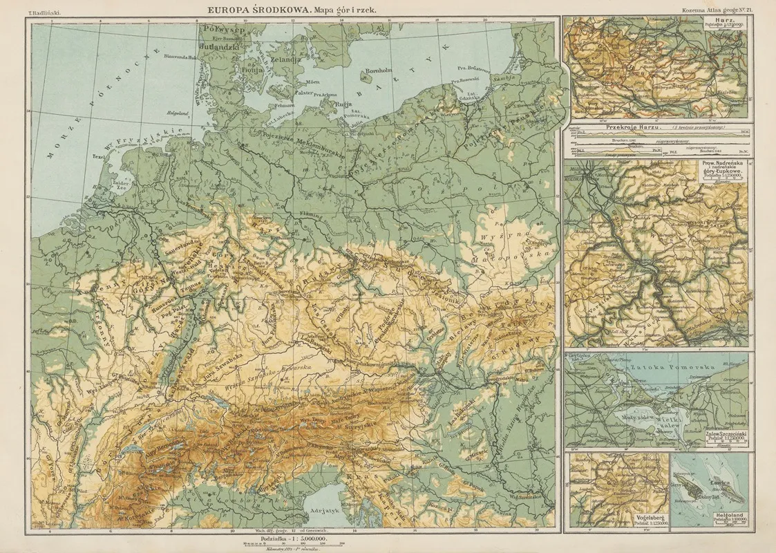 Europa srodkowa mapa gor i rzek Wall Art by Blasius Kozenn - High-Resolution Digital Print