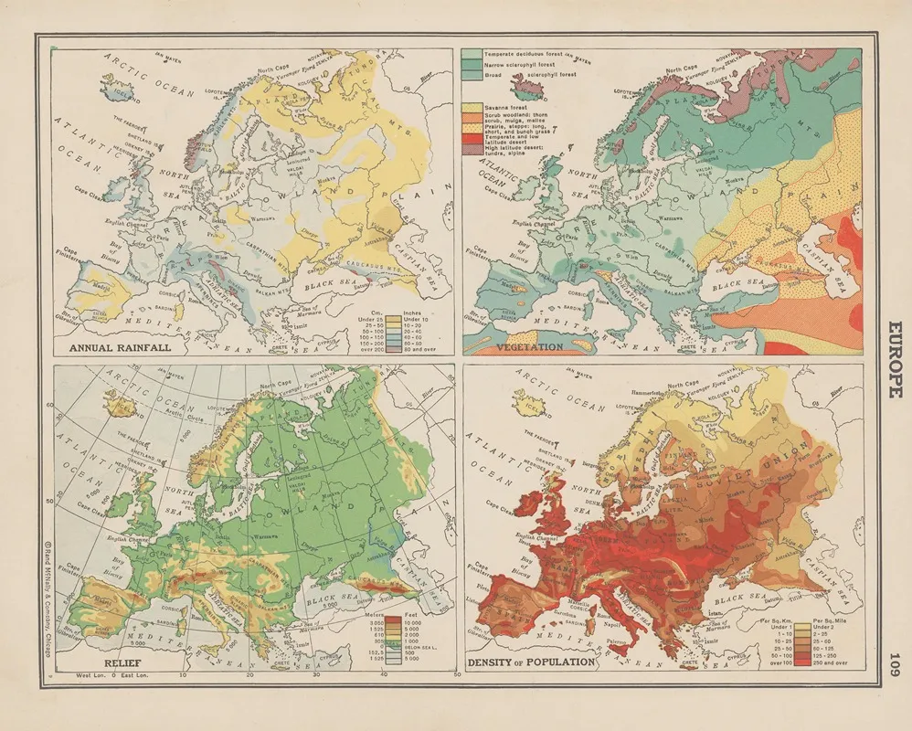 Europe Annual Rainfall Vegetation Land Relief Density Of Population Wall Art by John Paul Goode - High-Resolution Digital Print