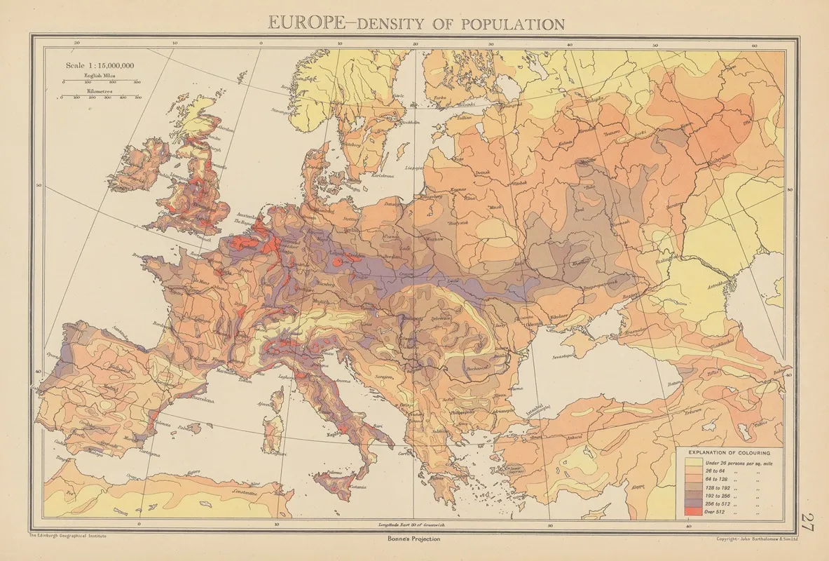 Europe Density Of Population Wall Art by John George Bartholomew - High-Resolution Digital Print