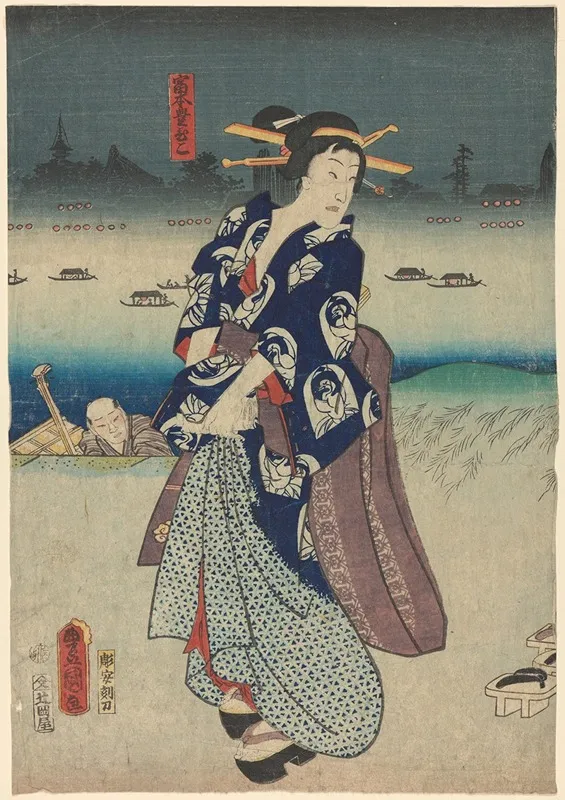 Evening Woman In Blue Kimono On Roof Wall Art by Toyokuni Utagawa - High-Resolution Digital Print