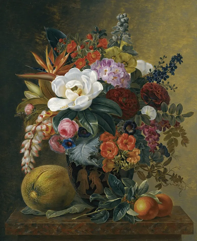 Exotic Blooms In A Grecian Krater With Fruit On A Marble Ledge Wall Art by Johan Laurentz Jensen - High-Resolution Digital Print