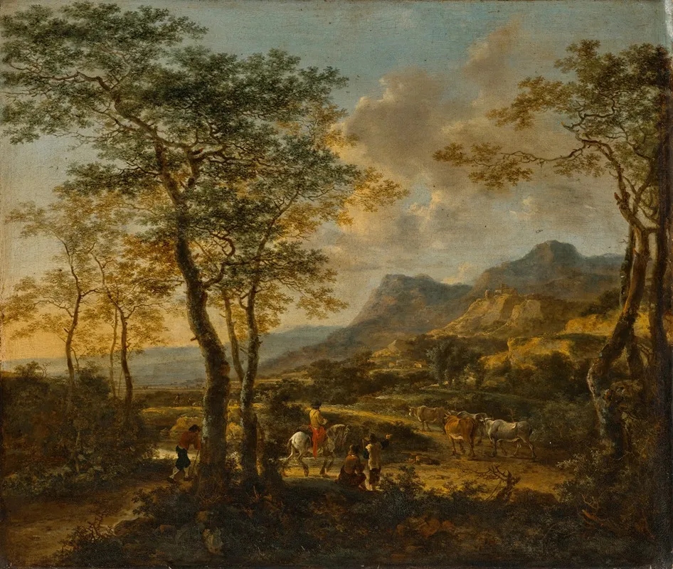 Extensive Italianate Landscape With A Traveler And Drovers On A Road A Farmhouse And A Village Beyond