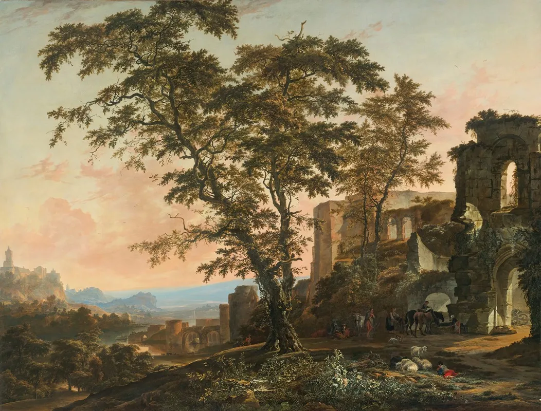 Extensive Rhenish Landscape With Peasants And Animals Resting In The Shade Of Romanesque Ruins Wall Art by Hendrik van Minderhout - High-Resolution Digital Print