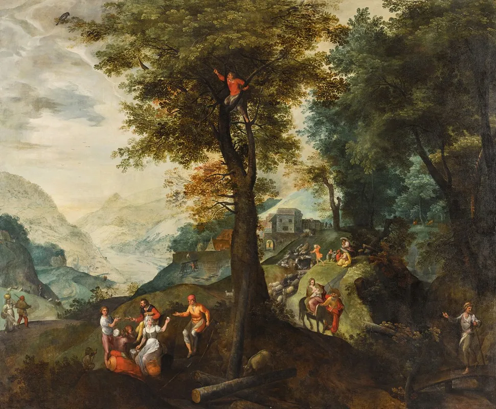 Extensive Wooded Landscape With Travellers Shepherds Tending Their Flock And The Flight Into Egypt A Valley Beyond Wall Art by Jacob Grimmer - High-Resolution Digital Print