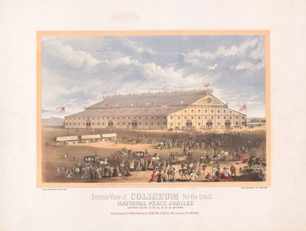 Exterior View Of Coliseum For The Grand National Peace Jubilee Boston Mass June 15 16 17 18 19th 1869 Wall Art by New England Lith. Co. - High-Resolution Digital Print