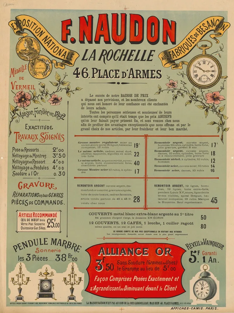 F Naudon La Rochelle Horlogerie Maison Fondee En 1892 Wall Art by Imp. Camis - High-Resolution Digital Print