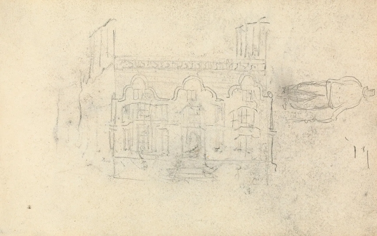 Facade Of A House And Sketch Of A Man With A Cane