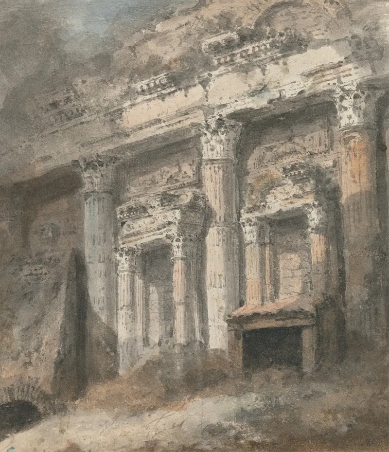 Facade Of Ruined Roman Temple With Columns And Doorway