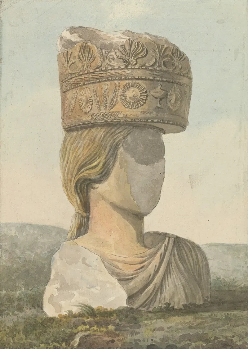 Faceless Bust Of Statue Supporting A Broken Capital On Her Head