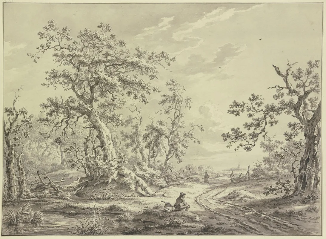 Fahrweg Am Ausgang Eines Waldes Vorne Ein Ruhender Wanderer Mit Einem Bundel Am Horizont Eine Stadt Wall Art by Carel Lodewijk Hansen - High-Resolution Digital Print