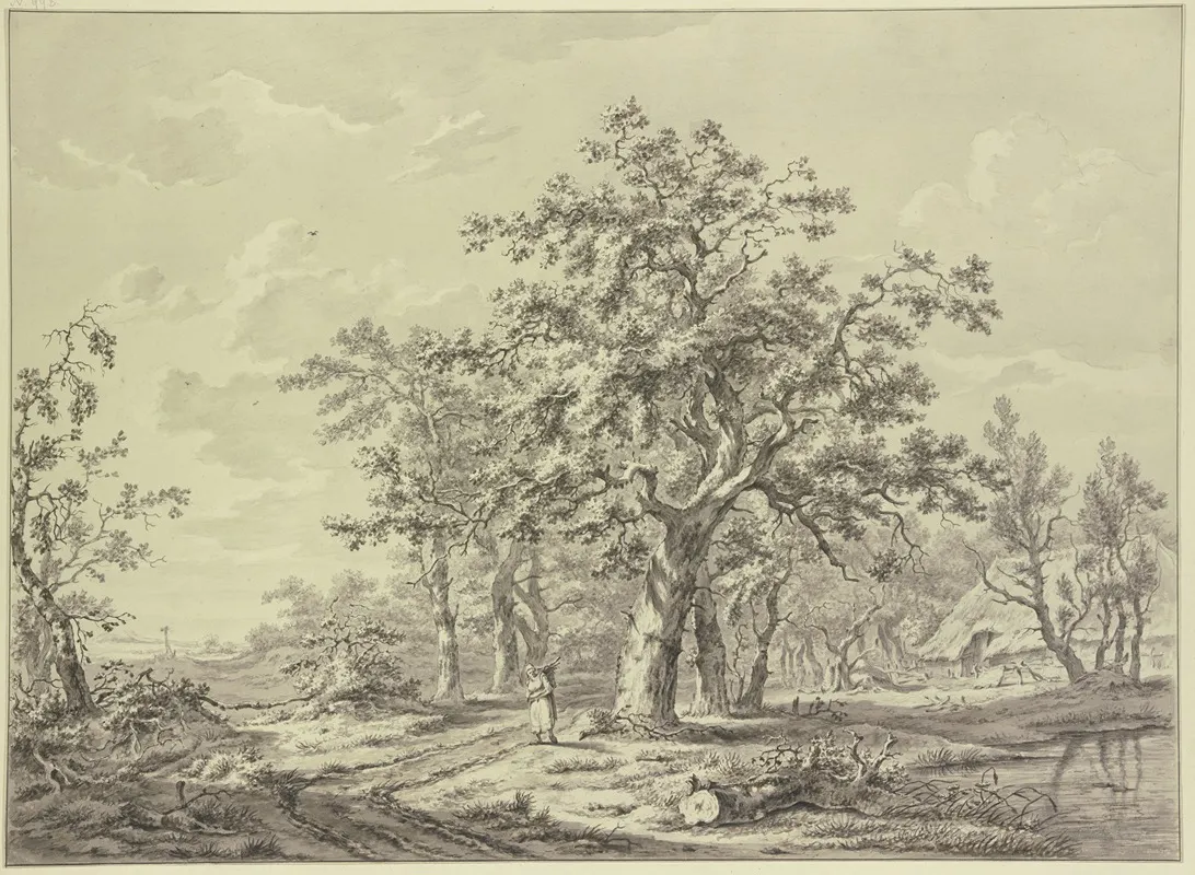 Fahrweg Am Rande Eines Waldes Rechts Im Mittelgrund Hinter Baumen Ein Strohgedecktes Haus Im Vordergrund Eine Holzsammlerin Wall Art by Carel Lodewijk Hansen - High-Resolution Digital Print