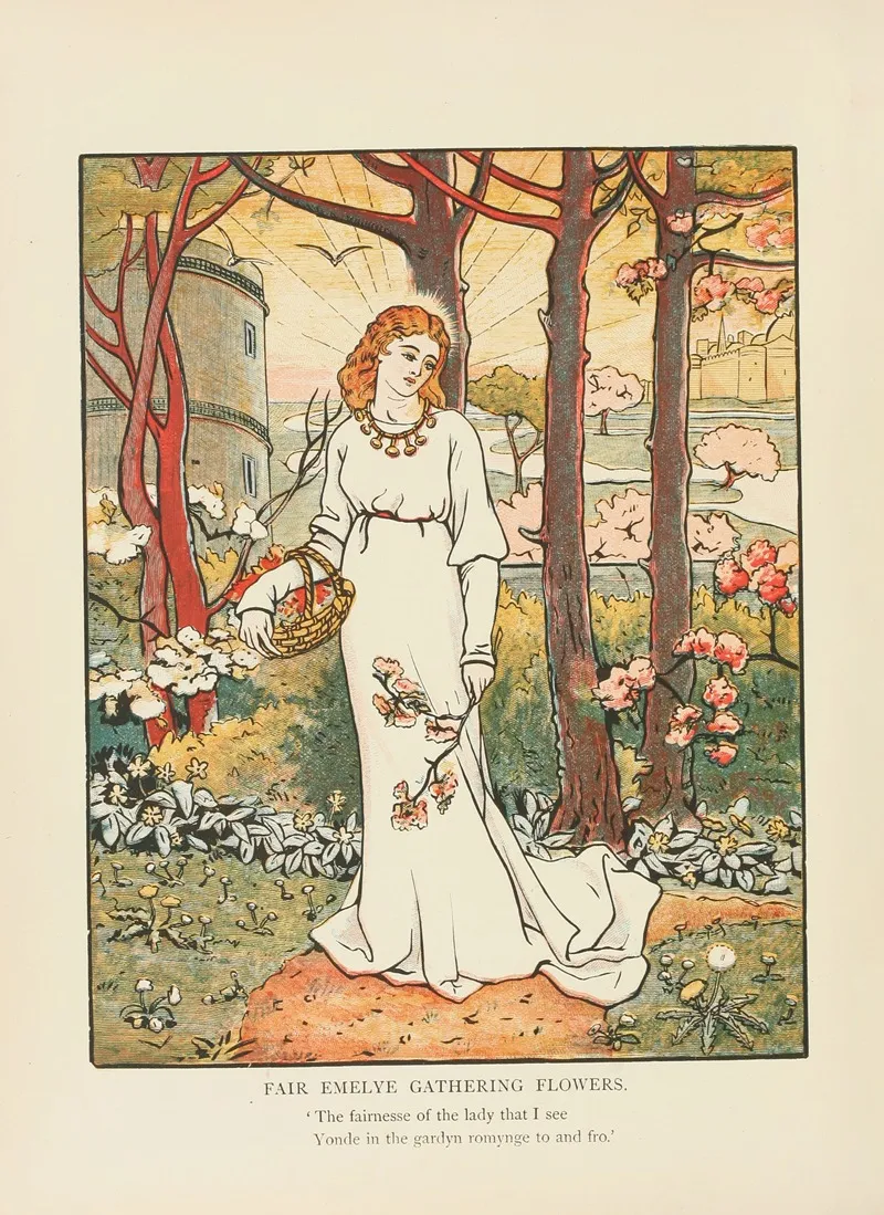 Fair Emelye Gathering Flowers Wall Art by Mary Eliza Joy Haweis - High-Resolution Digital Print