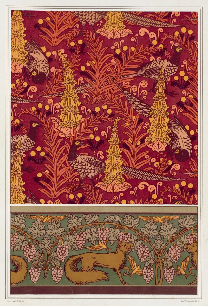Faisans Ordinaires Digitales Fougeres Et Pissenlit Etoffe Imprimee Renard Oiseaux Et Vigne Bordure
