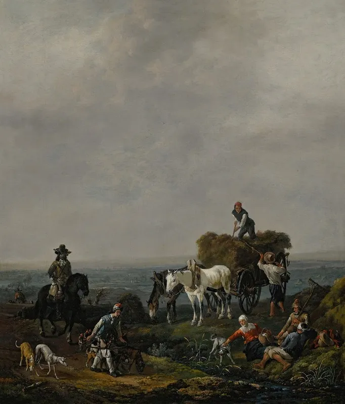 Falconers On A Path With Harvesters Loading Hay Onto A Wagon Nearby A Valley Beyond At Dusk
