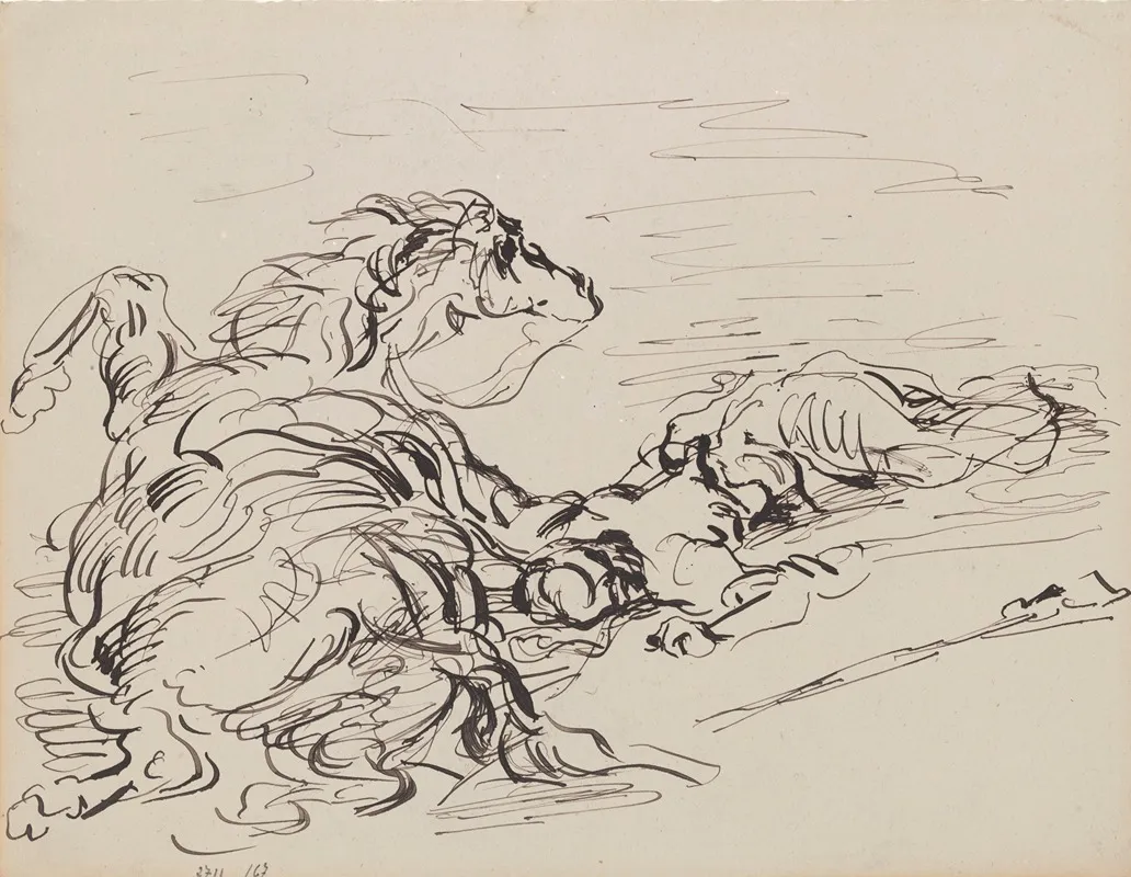 Fallen Arab Horseman With Cavorting Horse
