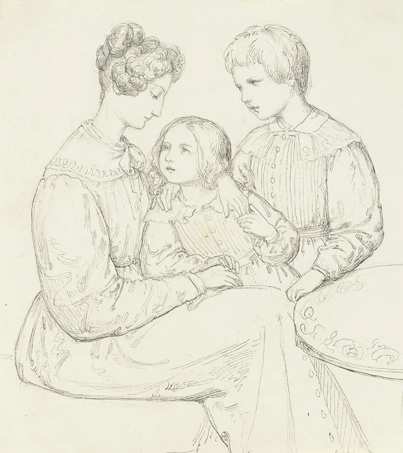 Familienbild Sitzende Mutter Mit Sohn Und Tochter Wall Art by Marie Ellenrieder - High-Resolution Digital Print