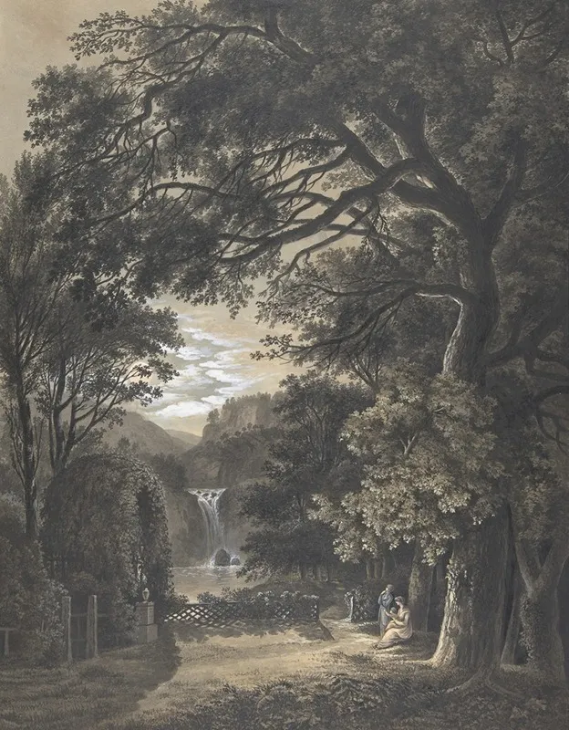 Family Gathered Before A Monument In A Landscape With A Waterfall Wall Art by Johann Heinrich Meyer - High-Resolution Digital Print