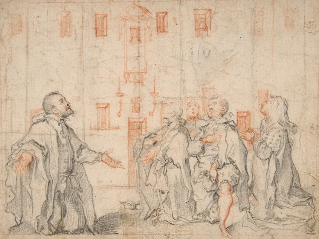 Family Group Kneeling Before A Street Shrine Wall Art by Ventura Salimbeni - High-Resolution Digital Print
