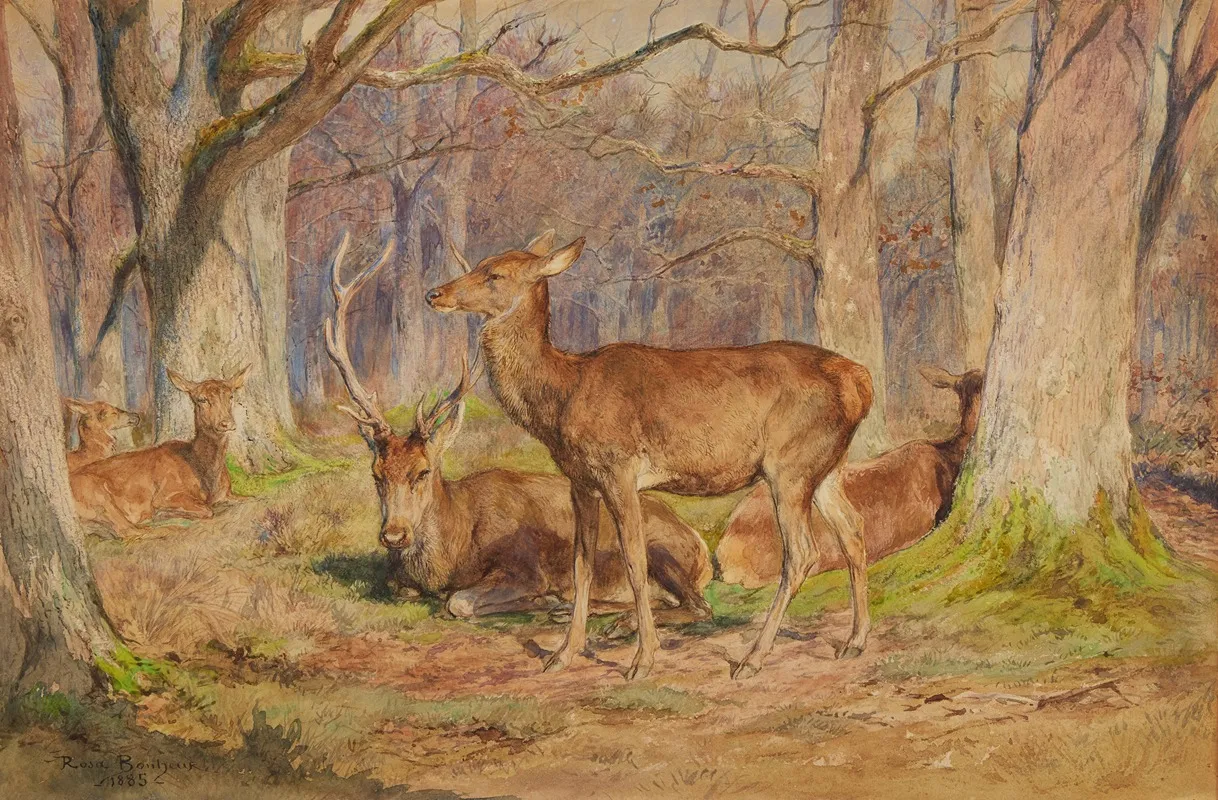 Family Of Deer In The Fontainebleau Forest End Of Fall Early Morning Wall Art by Rosa Bonheur - High-Resolution Digital Print
