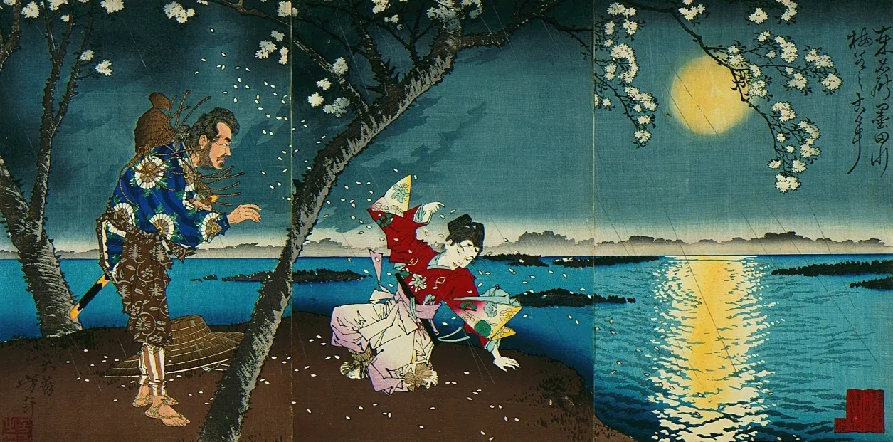 Famous Places Of The East The Ancient Incident Of Umewaka And The Child Seller Beside The Sumida River Wall Art by Tsukioka Yoshitoshi - High-Resolution Digital Print