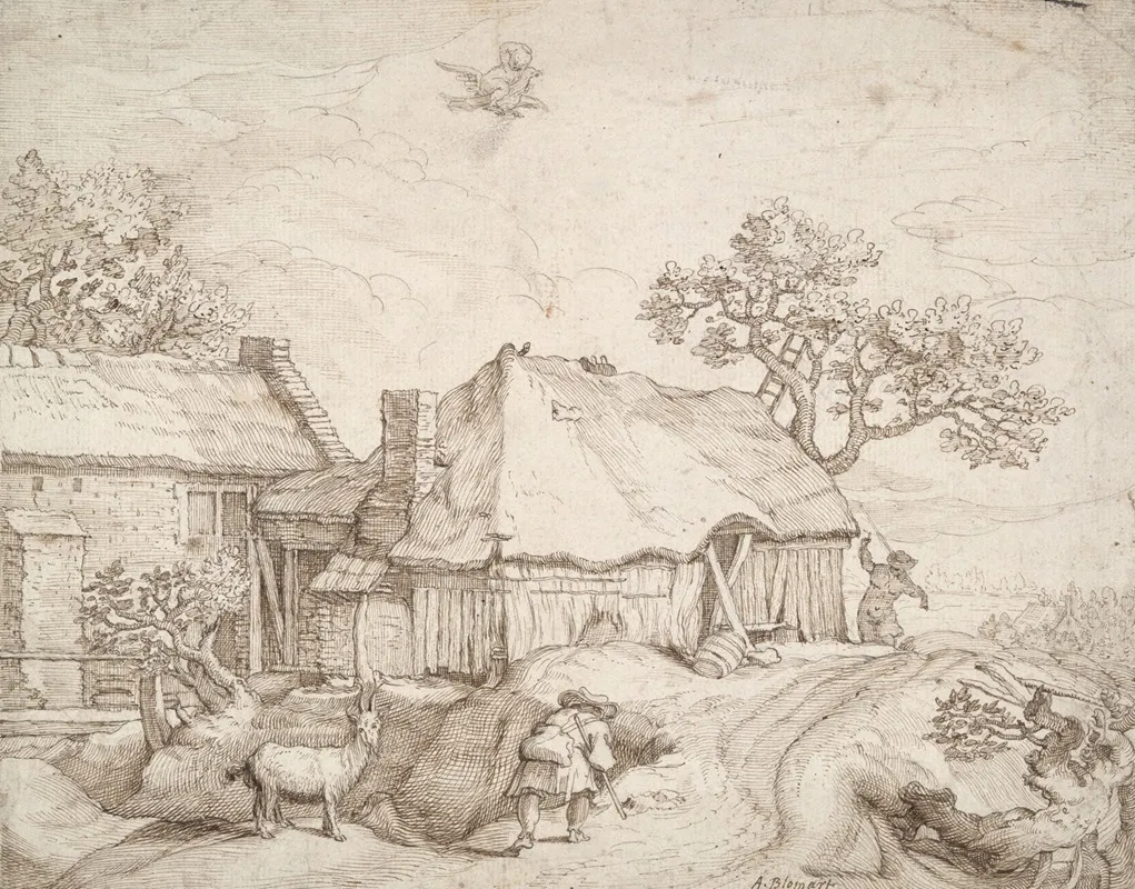 Farm Buildings With Peasants A Goat And The Abduction Of Ganymede Wall Art by After Abraham Bloemaert - High-Resolution Digital Print