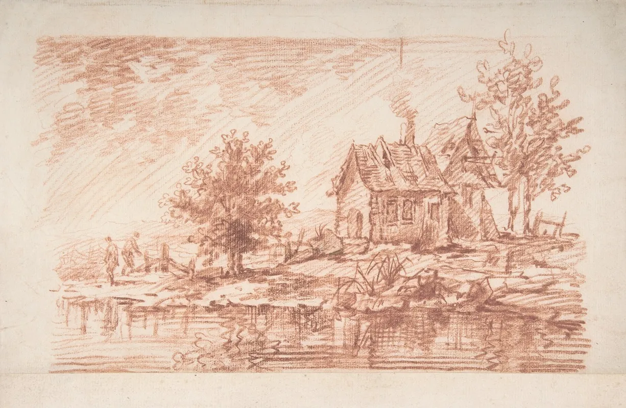 Farm House Along A River Two Figures At Left Wall Art by Jean-Antoine Watteau - High-Resolution Digital Print