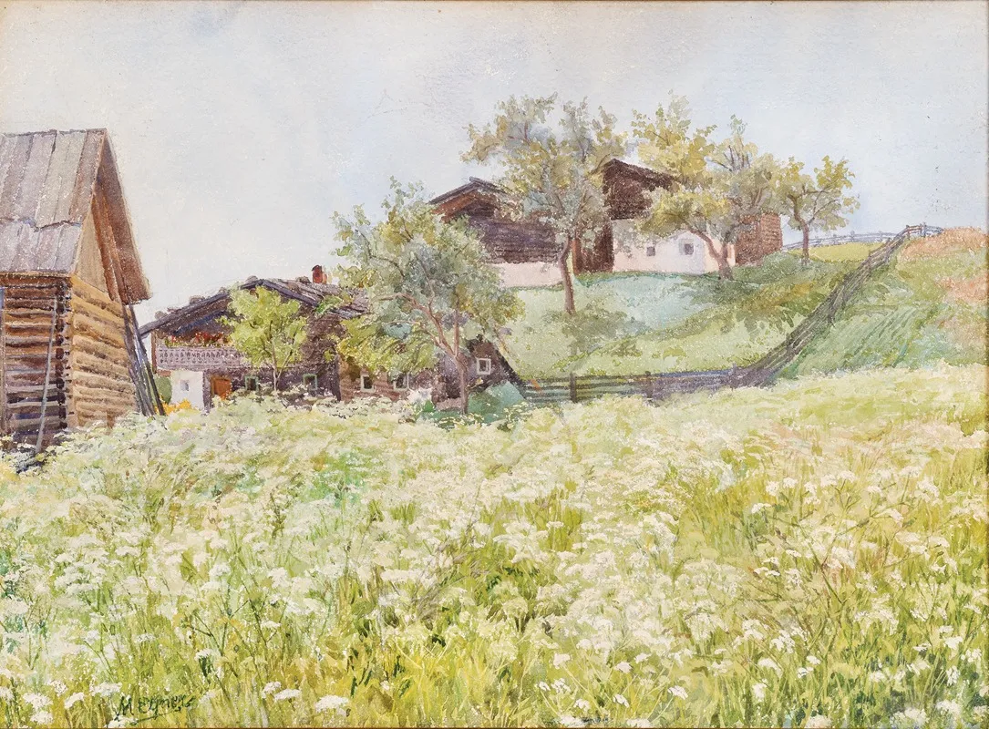 Farm Houses A White Blooming Field In Front Of It Wall Art by Marie Egner - High-Resolution Digital Print