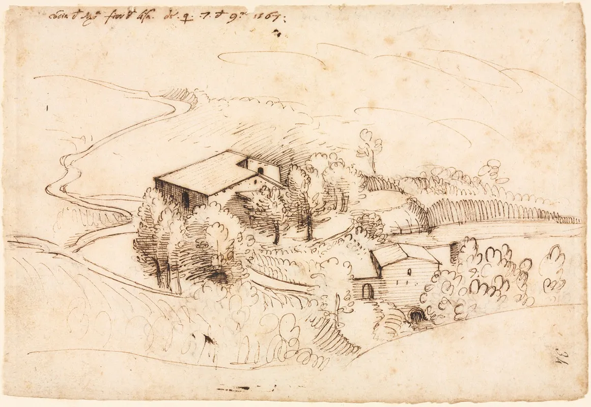 Farm With Trees In A Hilly Landscape Wall Art by Gherardo Cibo - High-Resolution Digital Print