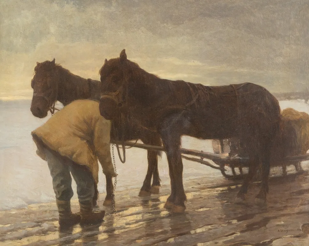 Farmer With Horse Carriage In Winter Landscape Wall Art by Albert Stagura - High-Resolution Digital Print