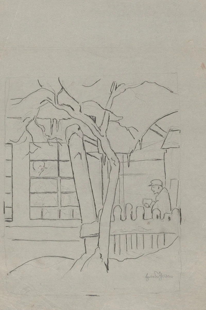 Farmhouse With A Tree A Fence And A Man In A Hat Standing Behind Them