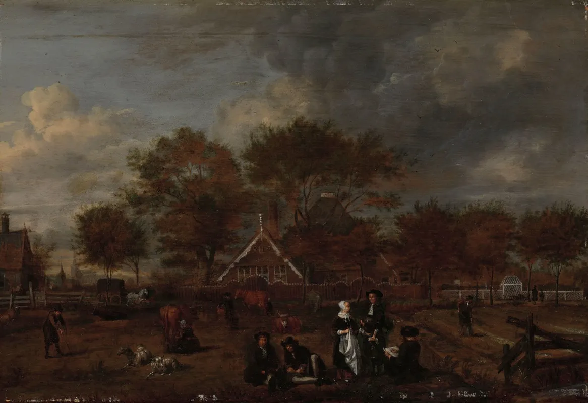 Farmstead With The Gentleman Farmer And His Wife And The Painter In The Foreground Wall Art by Jan Pietersz Opperdoes - High-Resolution Digital Print