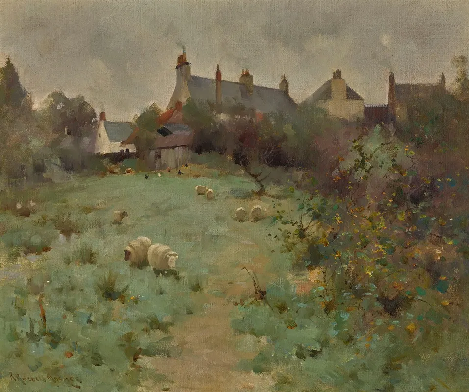 Farmyard With Sheep Grazing Wall Art by Robert Russell MacNee - High-Resolution Digital Print