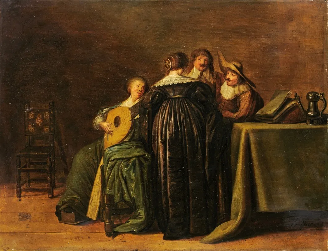 Fashionable Company With A Woman Playing The Lute Wall Art by Pieter Codde - High-Resolution Digital Print