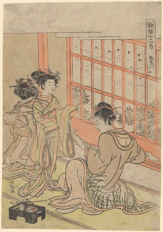 Feburary Yayoi Geisha At Tea House Window Wall Art by Koryûsai Isoda - High-Resolution Digital Print