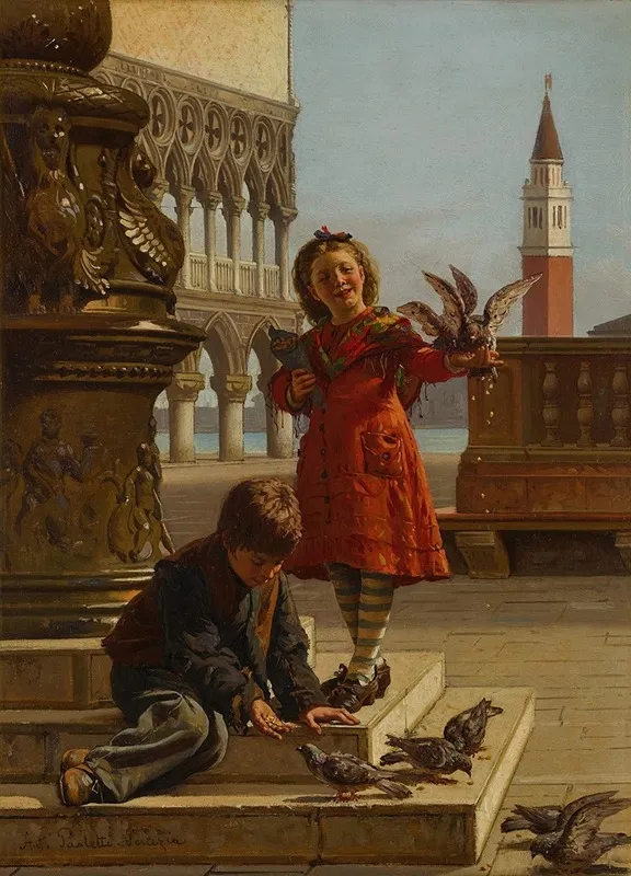 Feeding The Pigeons Wall Art by Antonio Ermolao Paoletti - High-Resolution Digital Print