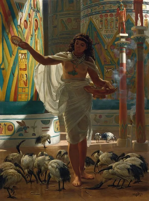 Feeding The Sacred Ibis In The Halls Of Karnac Wall Art by Edward John Poynter - High-Resolution Digital Print